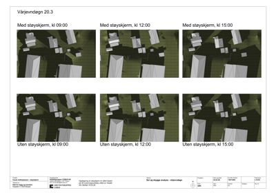 En analyse av sol- og skyggeforhold (støyskjerm) for et prosjekt ved Vårjevndøgn 20.3, vist som en serie 3D-modeller.