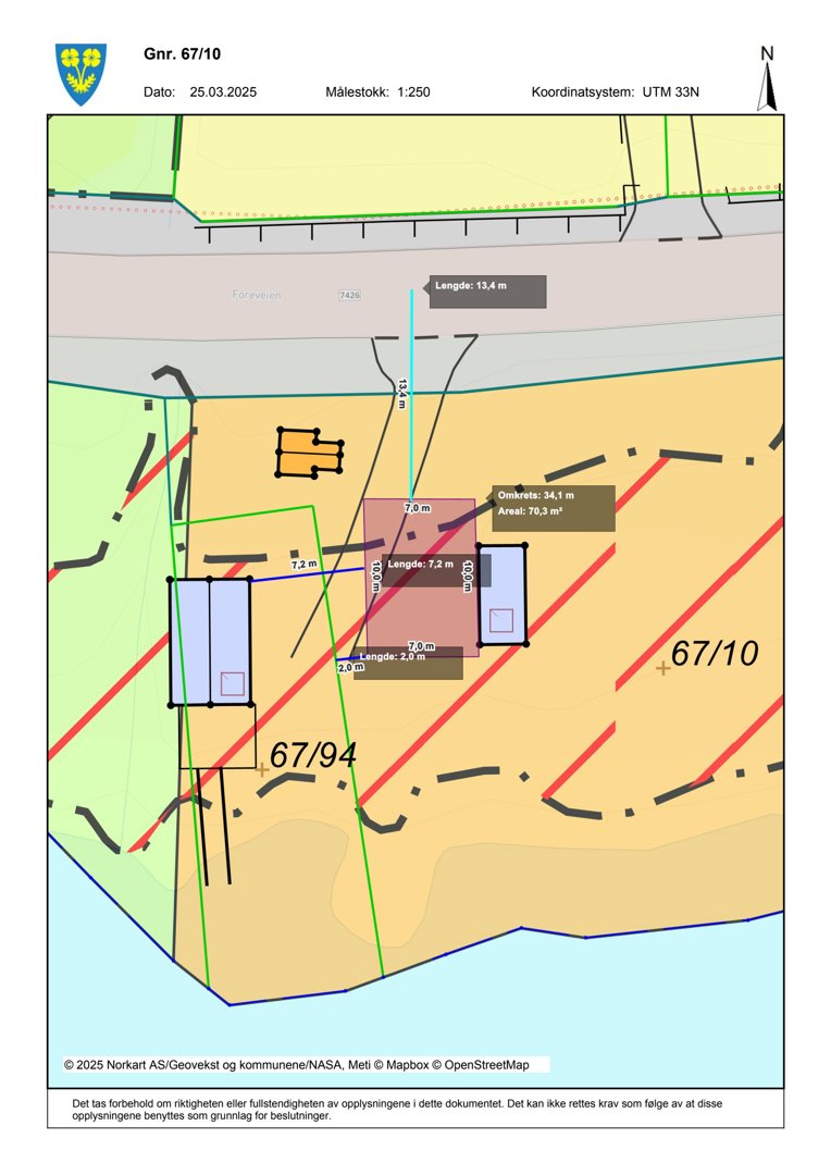 Situasjonsplan som viser tomtens grenser (Gnr. 67/10 og 67/94), bygningers plassering, mål og areal.