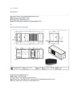 En tegning som viser en teknisk detaljering av en nettstasjon (P-hus). Tegningen inneholder utsnitt fra flere vinkler (front, side, snitt) med mål og en illustrasjon av det leverandørspesifikke utstyret.
