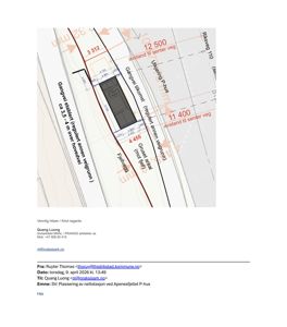 Situasjonsplan som viser plassering av en gangvei i forhold til vei og nabobebyggelse, med angitte avstander.