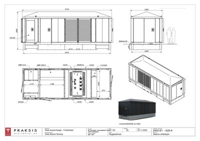 Tegning som viser detaljerte dimensjoner, komponenter (som ABB CCC, ABB VMCV) og konstruksjon for en 'Skjerna nettstasjon' (trafo).