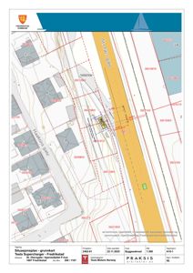 Situasjonsplan som viser tomtens beliggenhet i forhold til nabolaget, gater (St. Olavs gate og Haakons gate), eksisterende bygninger og høydemålinger.