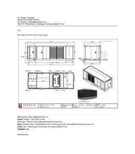 Tegning som viser detaljert oppriss og dimensjoner for en nettstasjon (P-hus).