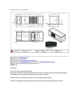 En teknisk tegning som viser en detaljert oppriss av et utstyr (en nettstasjon), inkludert dimensjoner, dører og ventilasjonsåpninger.