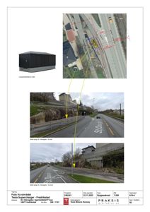 Fotografier av området rundt Tesla Supercharger-stasjonen, inkludert en situasjonsplan med målinger og bilder fra ulike vinkler.