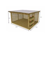 3D-visualisering av en åpen, trekonstruert hytte eller veranda med mål angitt.