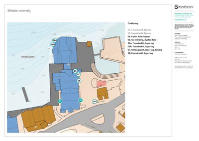 Skiltplan utvendig som viser plassering og type fasadeskilts for ulike deler av bygningen.