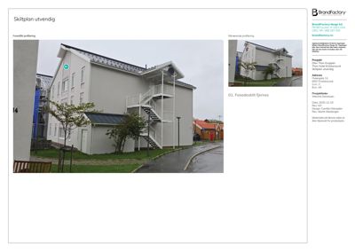 Fotografi av en eksisterende bygning med skiltplan utvendig, inkludert trapp og fasade.