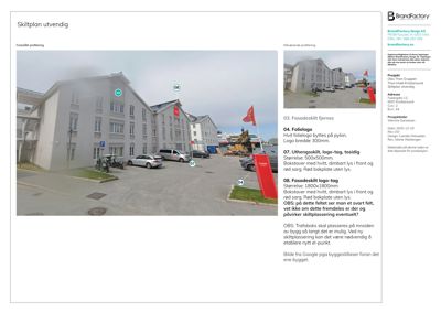 Fotografi av en eksisterende bygning med skilt og profilering, brukt som referanse for en skiltplan.