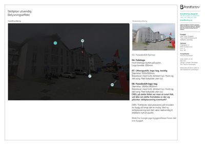 Fotografi av en eksisterende bygning (Hotell Kristiansund) med overlagte markører for skilt og belysning.