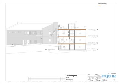Snittegning av en bygning med romfordeling og høydemål.