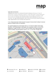 Situasjonsplan som viser eiendomsgrenser, byggegrenser, nabobygg og en planlagt garasje med målinger.