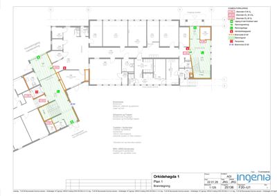 Etasjeplan (branntegning) som viser romfordeling, arealer og brannvern-tilhørigheter i et kontorbygg.