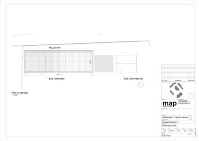 Etasjeplan for en ny garasje med angitte mål og plassering av eksisterende telt.