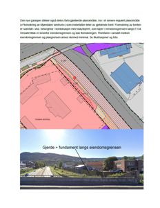 Bildet viser en situasjonsplan med fargekoding for planområder, eiendomsgrenser og infrastruktur, samt et tilhørende fotografi av området.