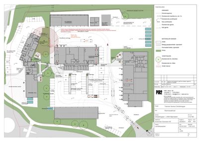 Landskapsplan og situasjonsplan som viser bygningenes plassering, parkeringsplasser, vegnett og terrengforhold på tomten.