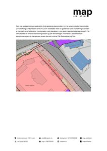 Situasjonsplan som viser eiendomsgrenser, planområder, veier og bygninger sett fra oven.