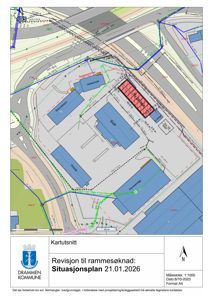Situasjonsplan som viser tomt, bygninger, veier og grenser