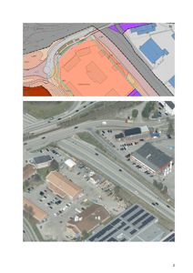 Bildet viser en situasjonsplan med fargekoding av tomtegrenser og bygningsspor, samt en tilhørende flyfoto som viser den fysiske plasseringen av området.