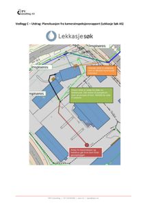 En plansituasjon eller kart som viser avløpsrør, bygninger og tilkoblinger til kommunalt overvann.