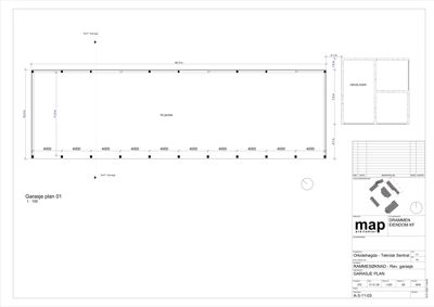 Etasjeplan for en ny garasje med romfordeling, mål og snittlinjer.