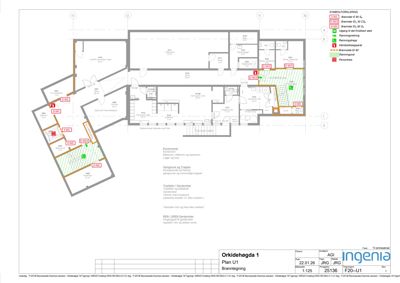Etasjeplan (Brannplan) som viser romfordeling, arealer og brannvern-utstyr.