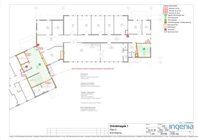Etasjeplan (Brannplan) som viser romfordeling, dører, trapper og brannsikringselementer i et kontorbygg.