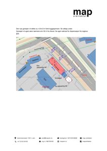 Situasjonsplan som viser plassering av en ny garasje i forhold til eiendomsgrenser, nabobygg og veier.