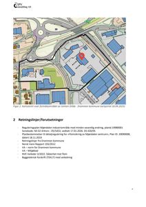 Kartutsnitt som viser formålsområdet av tomten med omgivende infrastruktur og bygninger.