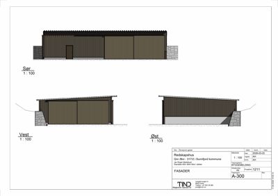 Fasadetegning som viser bygningens utseende fra tre sider (Sør, Vest og Øst) med tegningsnummer A-300.
