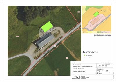 Situasjonsplan som viser tomtens beliggenhet, grenser, eksisterende og planlagt bebyggelse samt høydemål.