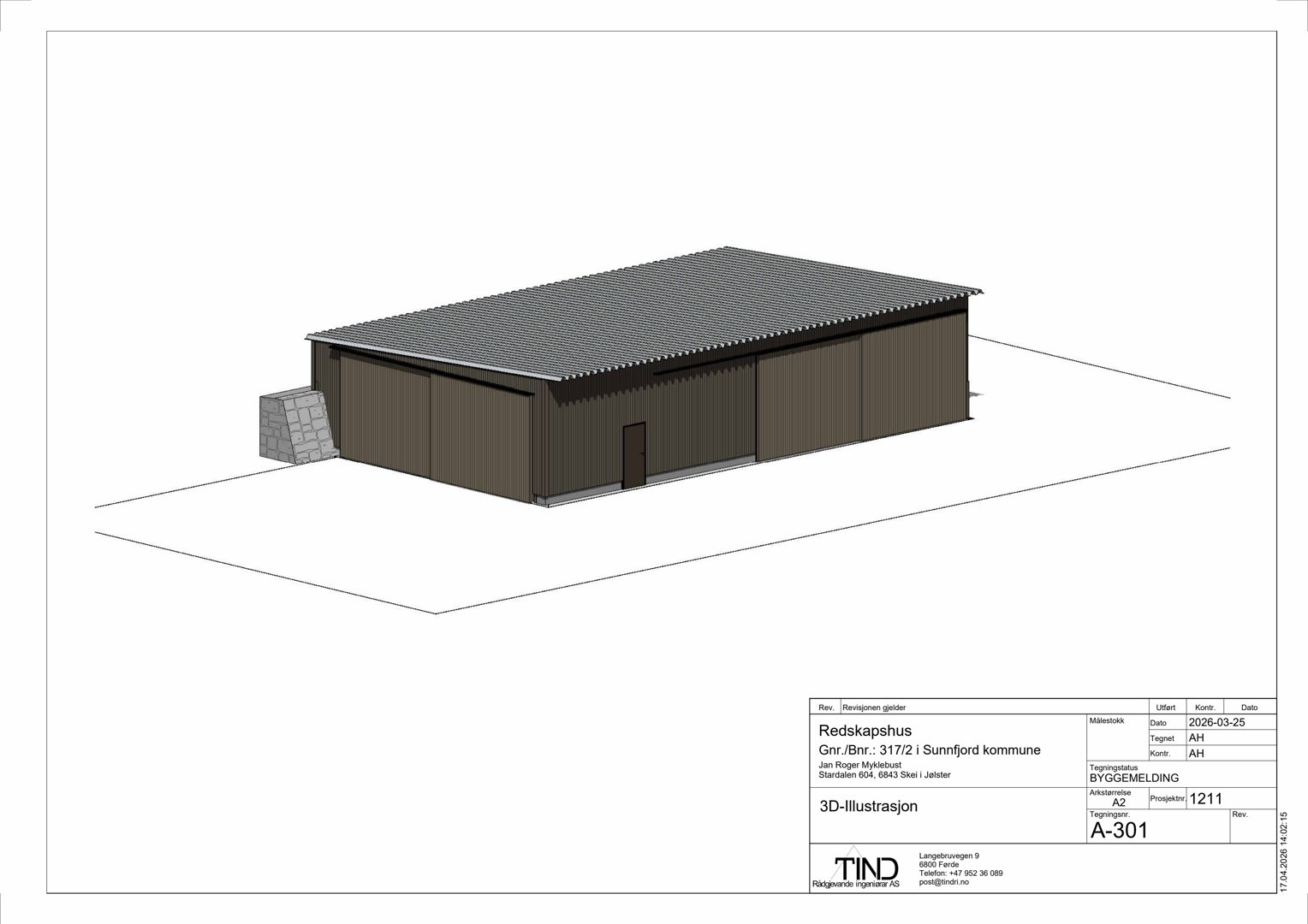3D-visualisering (rendering) av en bygning (redskapshus) sett fra en vinkel.