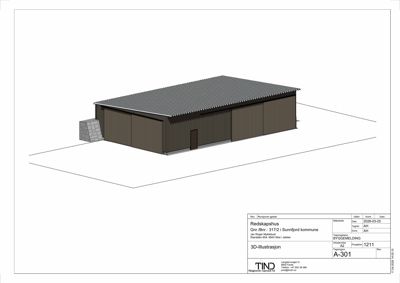 3D-visualisering (rendering) av en bygning (redskapshus) sett fra en vinkel.