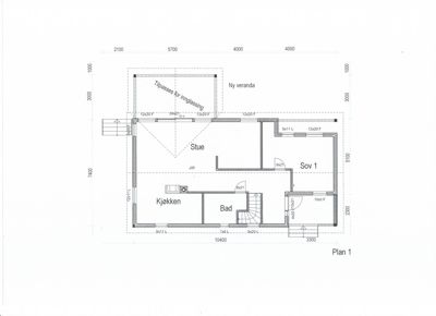 Etasjeplan (Plan 1) som viser romfordeling (Stue, Kjøkken, Bad, Sov 1) og dimensjoner for en bolig.
