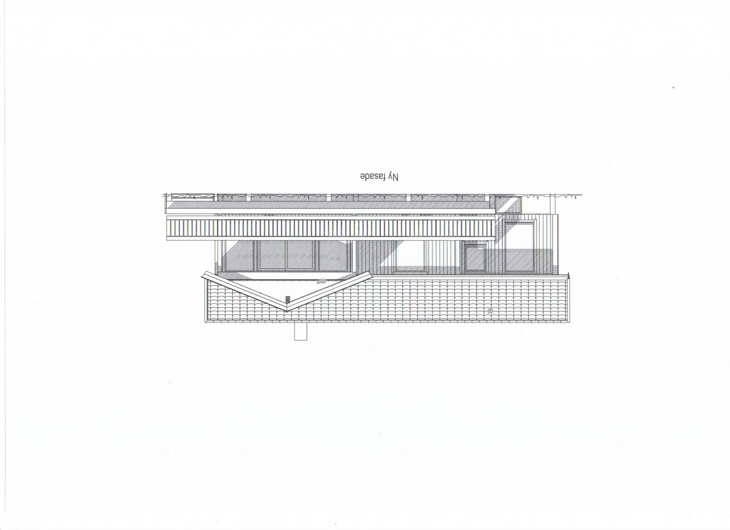 Fasadetegning som viser oppriss av bygningens yttervegg, tak og vinduer.