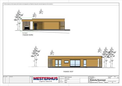 Fasadetegning som viser bygningens utseende sett fra nord og vest.