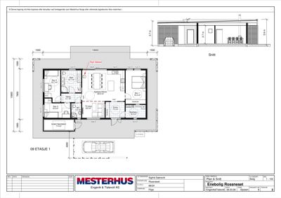 Etasjeplan (09 ETASJE 1) med romfordeling, mål og snitt for en bolig.