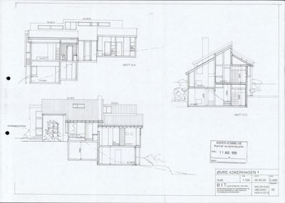 Snittegning som viser tverrsnitt gjennom bygningen med detaljer om høyder, vinduer og innvendig oppdeling.
