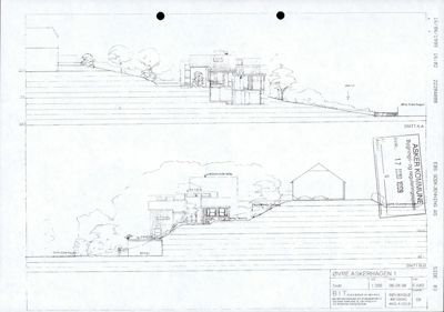 Snittegning som viser bygningens tverrsnitt, høyder, terrengforhold og omgivende landskap.