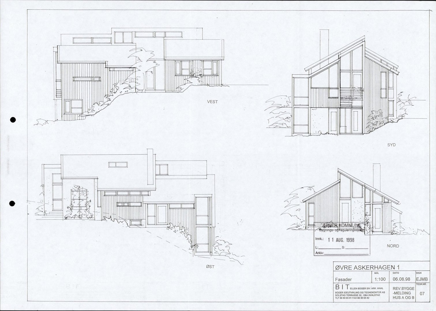 Fasadetegning som viser bygningens utsyn fra fire sider: Vest, Syd, Øst og Nord.