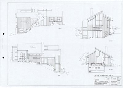 Fasadetegning som viser bygningens utsyn fra fire sider: Vest, Syd, Øst og Nord.