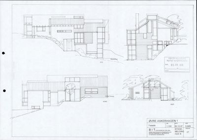 Fasadetegning som viser bygningens utseende fra fire ulike vinkler (SYD, NORD, VEST og en fjerde vinkel).