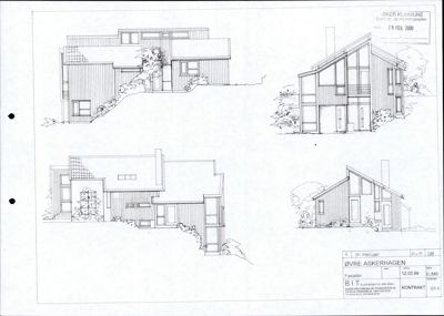 Fasadetegning som viser bygningens utsyn fra flere vinkler med detaljer om fasadepanel og vinduer.