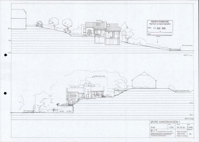 Snittegning (SNITT A-A og SNITT B-B) som viser bygningens tverrsnitt, høyder, terrassering og forhold til omgivelsene.