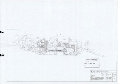 Oppriss (fasadetegning) av en bygning sett fra fronten, med omgivende landskap.