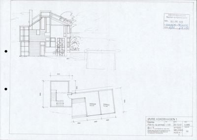 Oppriss av et hus med en fasade og en plan for garasjeetasje.