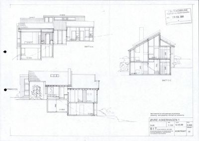 Snittegning (SNITT A-A og SNITT C-C) som viser bygningens indre struktur, høyder og romfordeling.