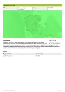 Et kart over et område som viser en grønn fargetone (mulighet for marin leire) og en polygon som markerer et område med 'stort sett fraværende' marin leire. Kartet er basert på Norges geologiske undersøkelse.