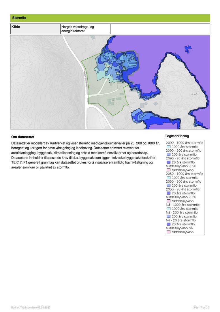 Kart som viser stormflo-områder og havnivåstigning i Norge, med fargekoding for ulike sjansenivåer.