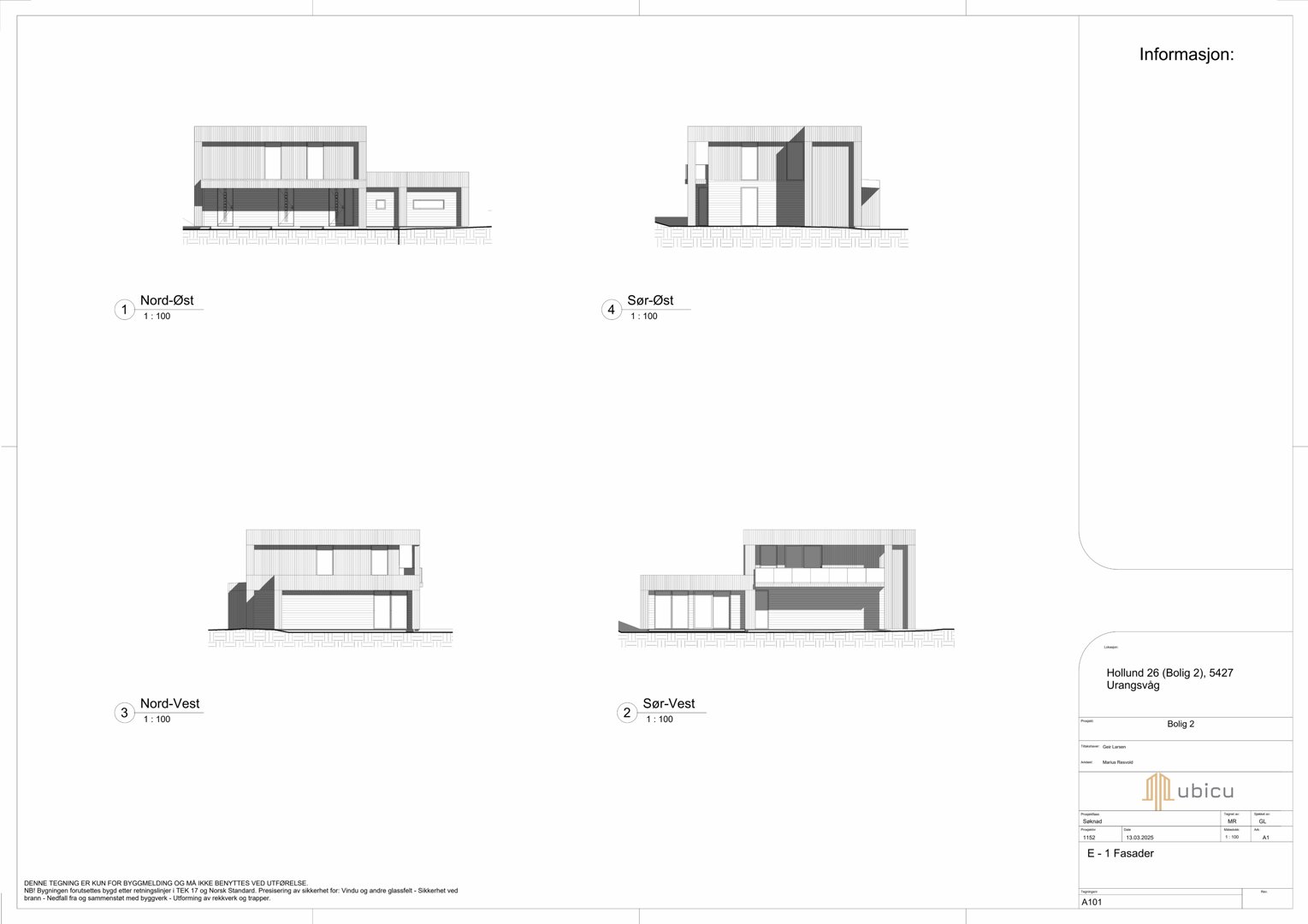 Fasadetegning som viser bygningens utsyn fra fire ulike retninger (Nord-Øst, Sør-Øst, Nord-Vest og Sør-Vest).